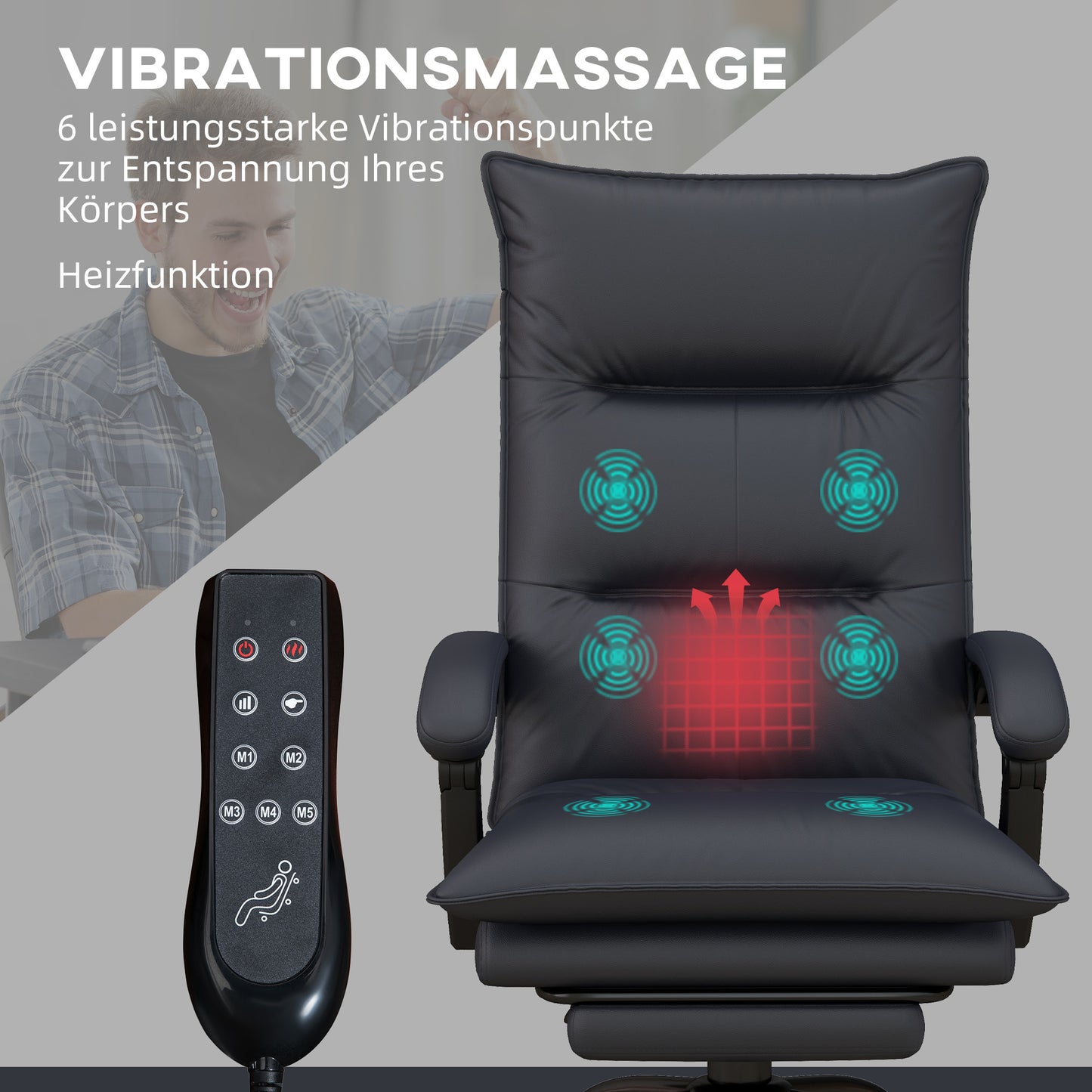 Vinsetto Bürostuhl mit Massagefunktion & Heizfunktion, Fußstütze, bis 120 kg, Dunkelgrau