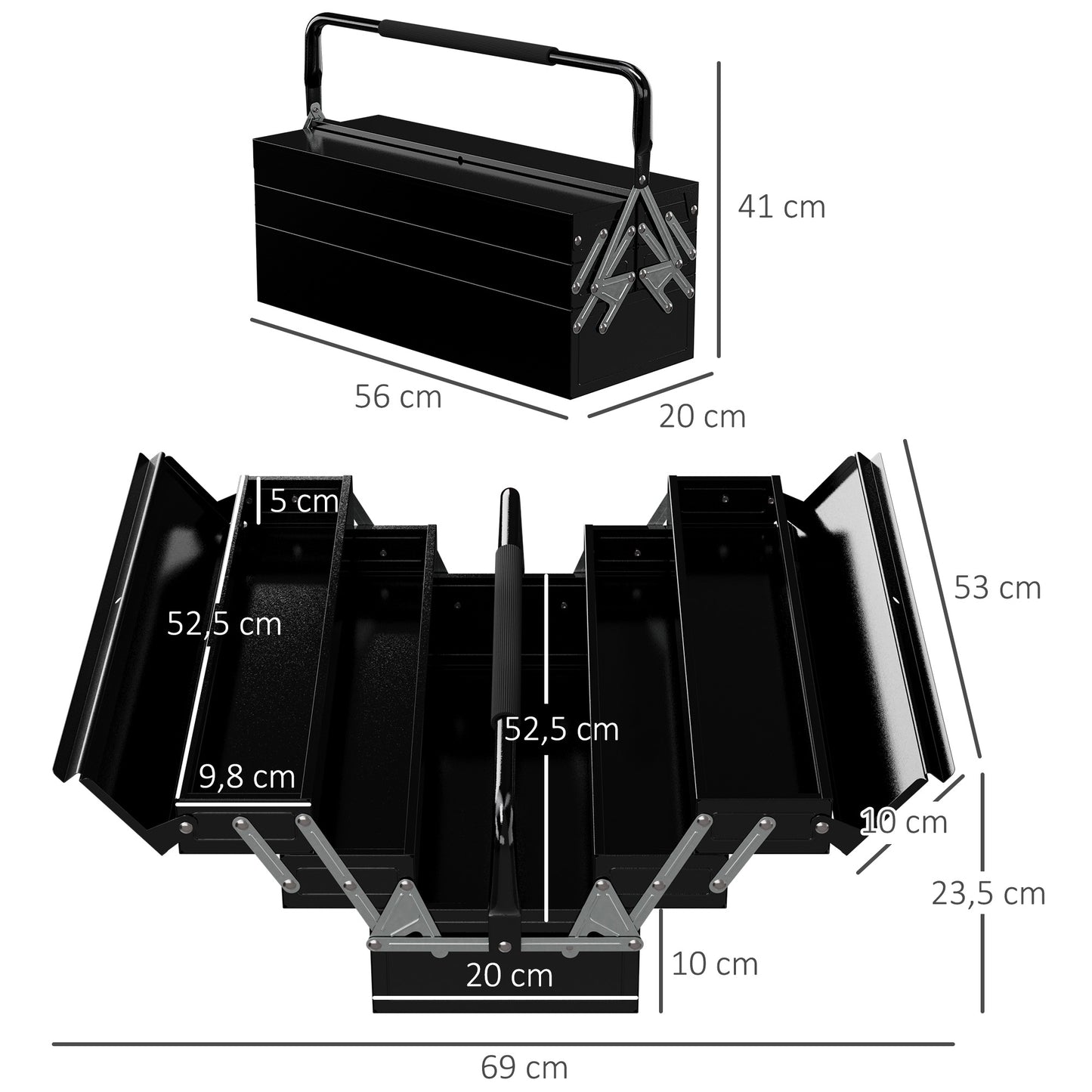 DURHAND Werkzeugkiste, Werkzeugkoffer mit 3 Etagen, Stahl, 56L x 20B x 41H cm, Schwarz