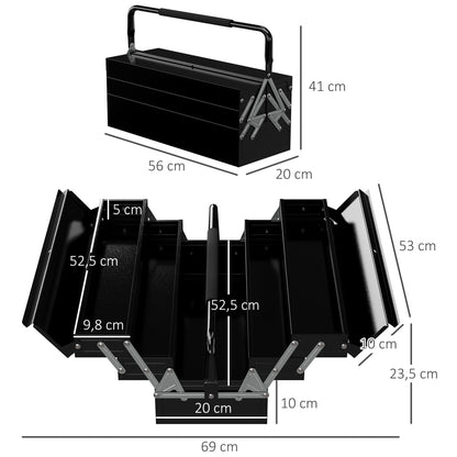 DURHAND Werkzeugkiste, Werkzeugkoffer mit 3 Etagen, Stahl, 56L x 20B x 41H cm, Schwarz