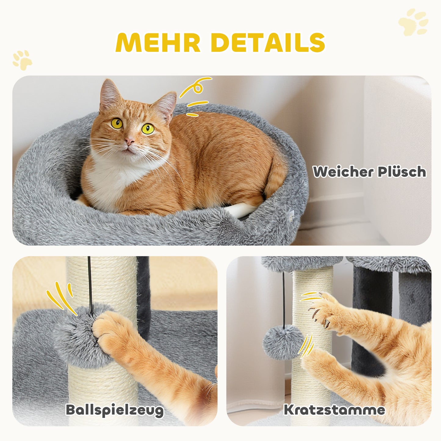 PawHut Kratzbaum und Katzentreppe, breite Basis, Plüschstoff, Sisalkratzsäule, Grau