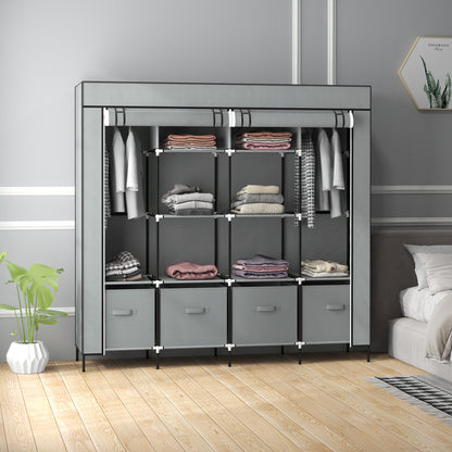 HOMCOM Kleiderschrank Stoffschrank, Türen, 2 Kleiderstangen, 10 Fächer, Grau
