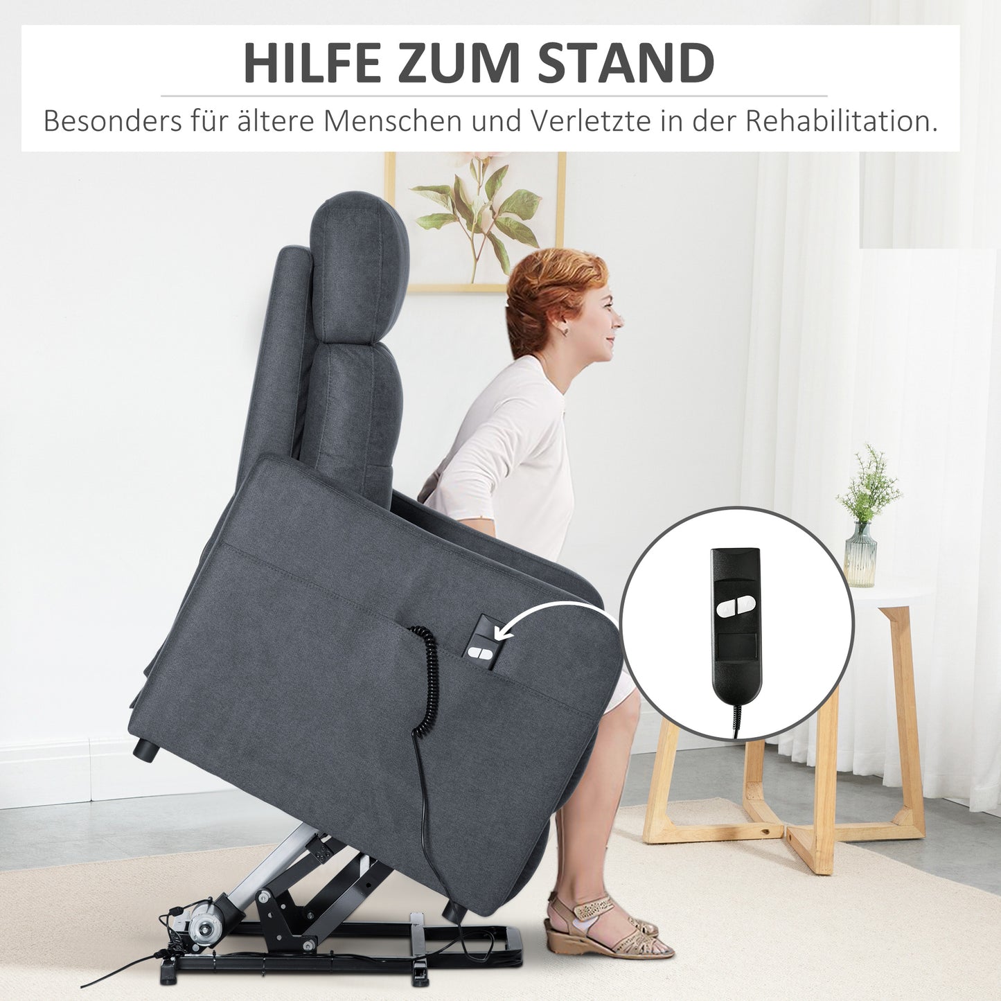 HOMCOM Relaxsessel mit Aufstehhilfe, inkl. Fernbedienung, ausziehbare Fußstütze, 71 cm x 94 cm x 104 cm, Grau