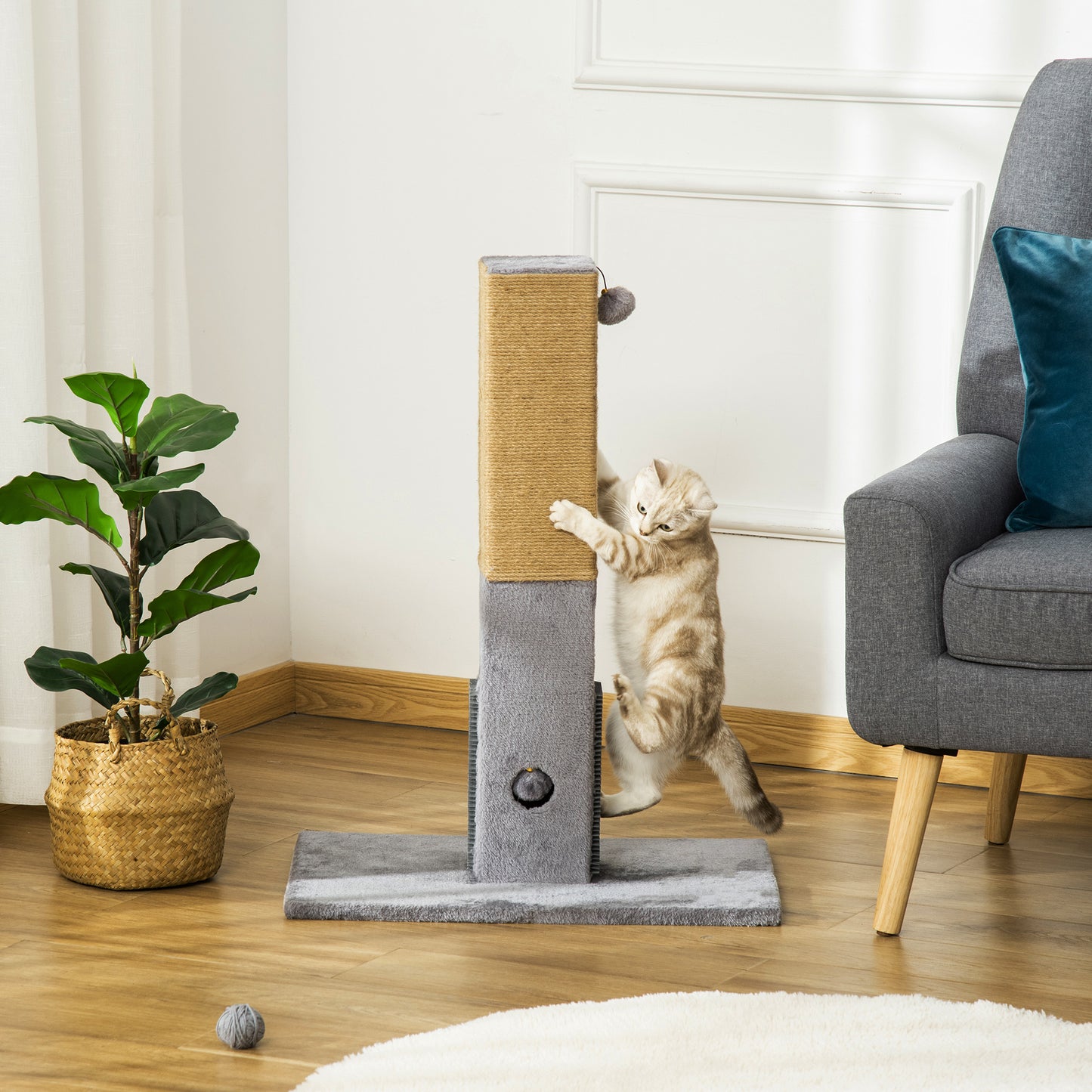PawHut Kratzbaum für Katzen, Kratzsäule, 79 cm Katzenbaum mit Juteseil, inklusive Spielzeug, Plüsch, Grau