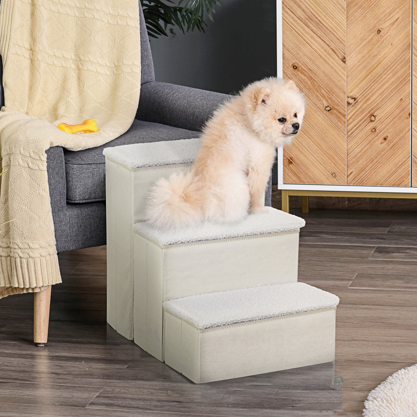 PawHut Hundetreppe 3 Stufen 48 cm Hoch Haustiertreppe för små och alte Tiere klappbar Katzentreppe Hunderampe Einstiegshilfe für Bett, Sofa, Couch and Auto Weiß