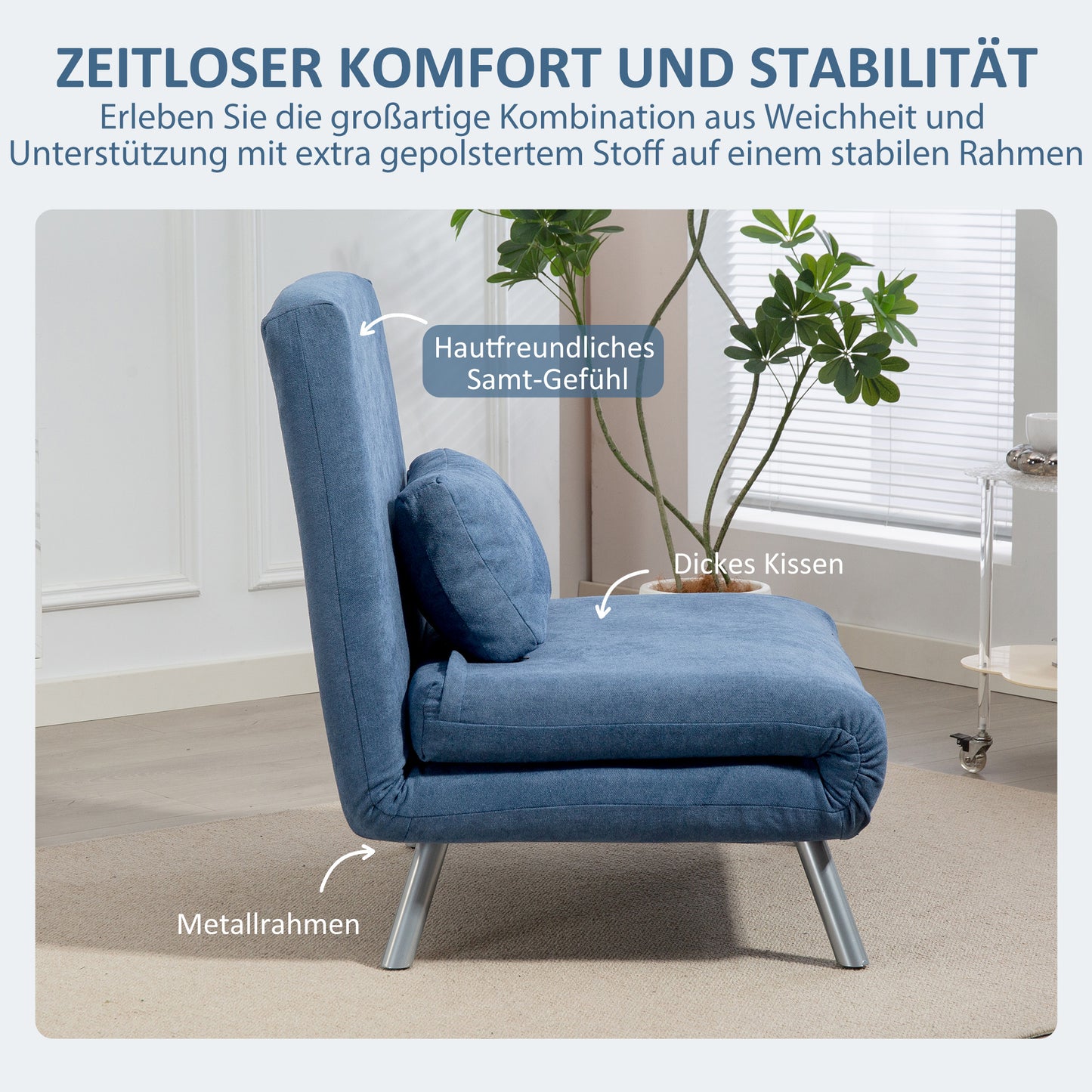 HOMCOM Polstersessel mit Bettfunktion، 3-in-1 Design، Schlafsessel، Gästebett، Stoffbezug، mit Kissen، Blau