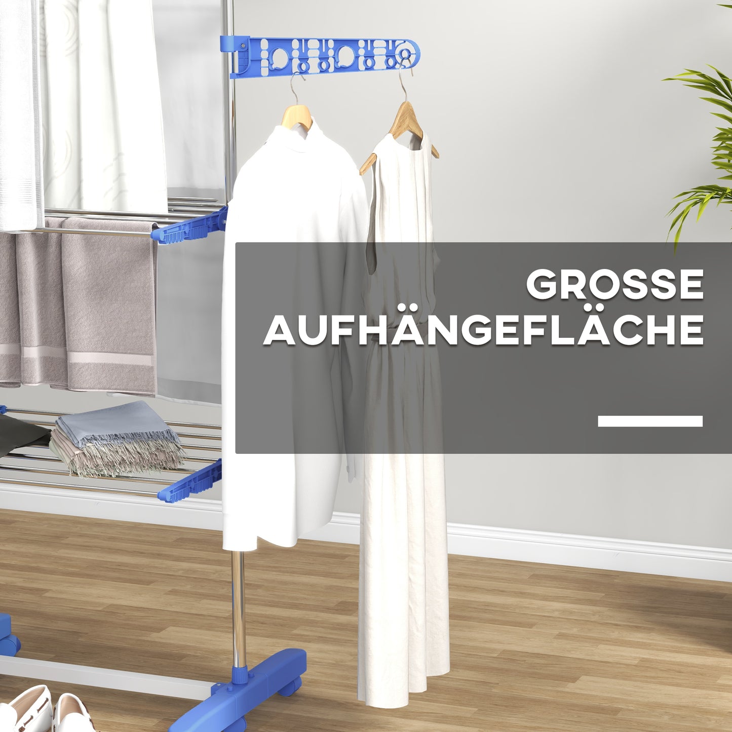 HOMCOM Wäschenständer Wäschetrockner. 4 Ebenen, klappbar, One-Klick-System, 142 cm x 55 cm x 152 cm Blau + Silber