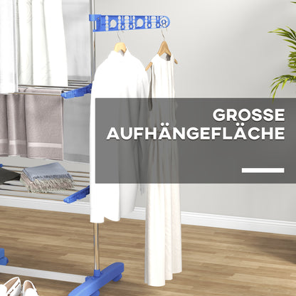 HOMCOM Wäschenständer Wäschetrockner. 4 Ebenen, klappbar, One-Klick-System, 142 cm x 55 cm x 152 cm Blau + Silber