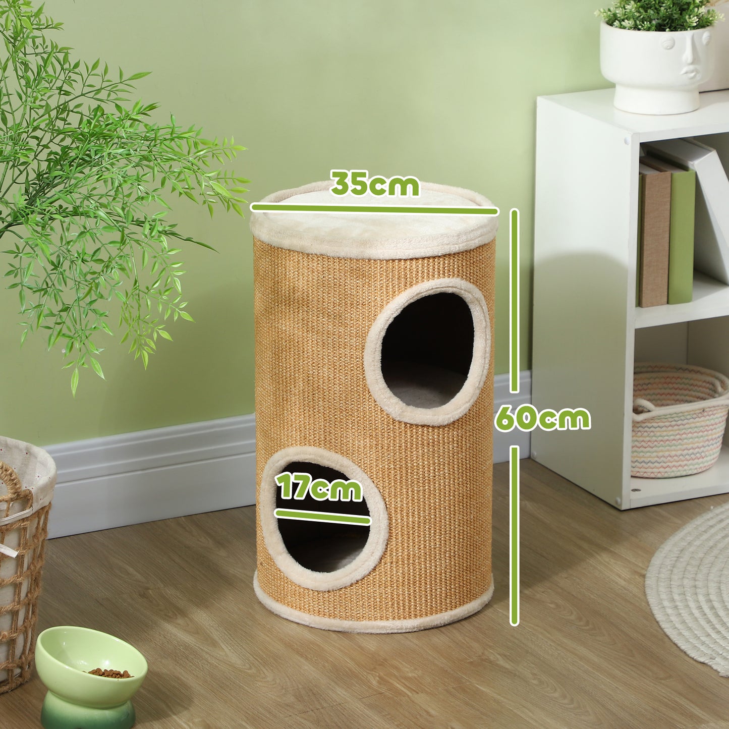 PawHut Katzenbaum mit viel Platz, Plüschbezug, Sisal-Oberfläche, Φ35 x 60H cm, Braun-Beige, 10 kg