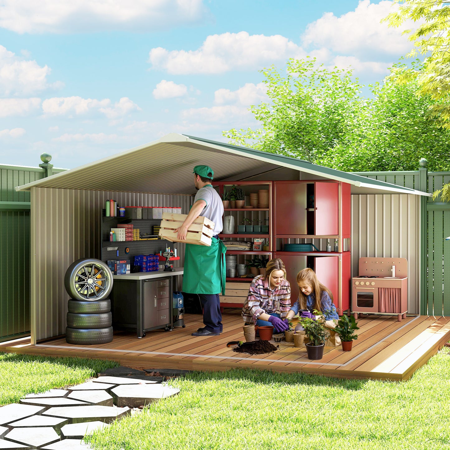Outsunny Geräteschuppen, Wetterfestes Gartenhaus für Gartengeräte, mit Belüftungsfenstern, Schiebetüren, Stahl, Dunkelgrün