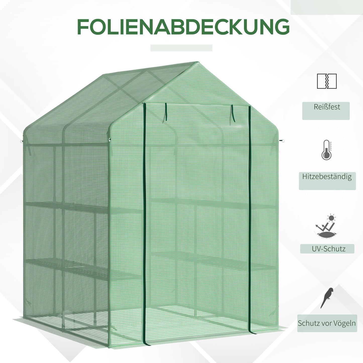 Outsunny Foliengewächshaus begehbares Gewächshaus mit 8 Regalebenen Tomatengewächshaus Treibhaus Frühbeet mit Tür Grün Stahl PE-Kunststoff 143 x 138 x 195 cm