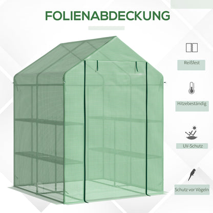 Outsunny Foliengewächshaus begehbares Gewächshaus mit 8 Regalebenen Tomatengewächshaus Treibhaus Frühbeet mit Tür Grün Stahl PE-Kunststoff 143 x 138 x 195 cm