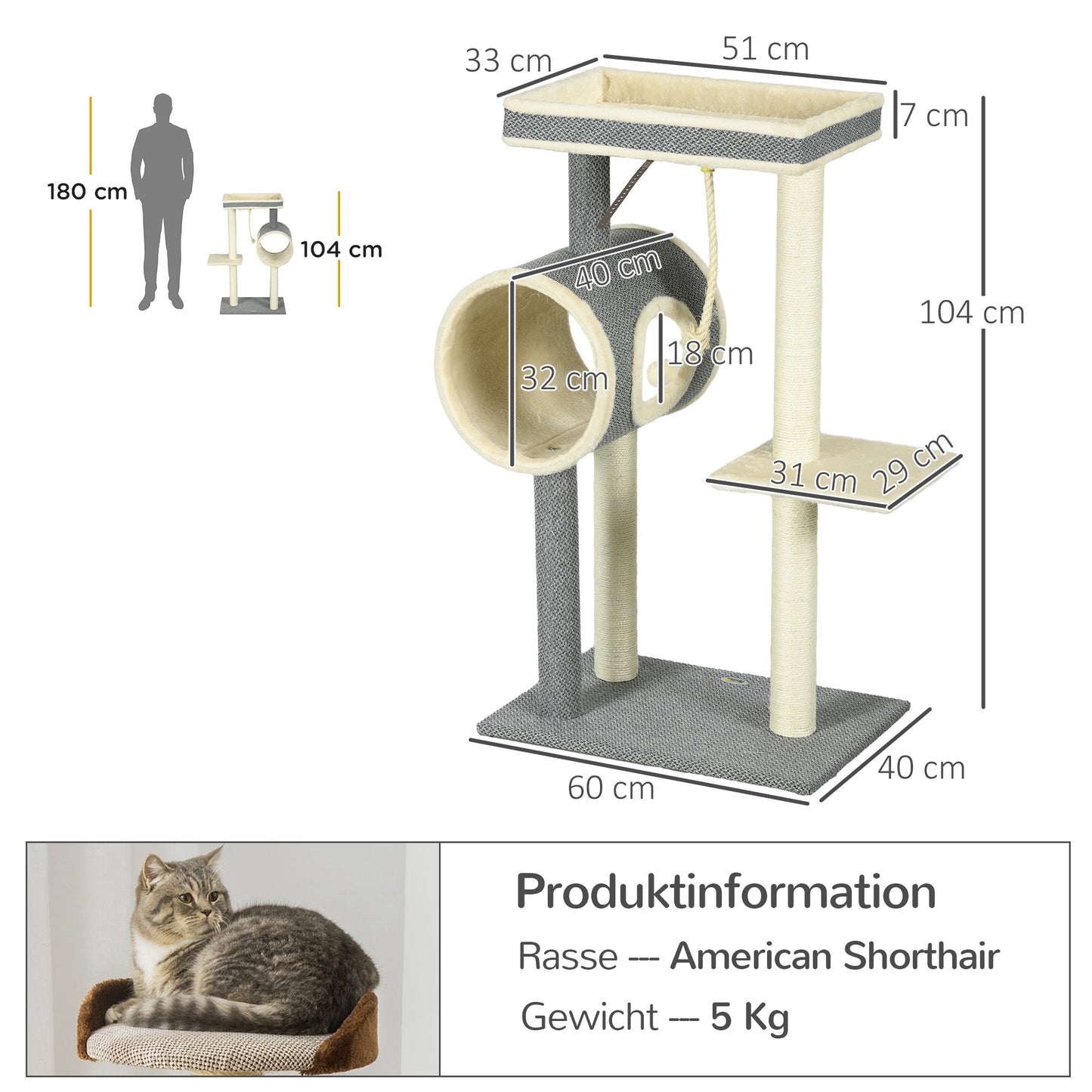 PawHut Kratzbaum Katzenbaum, 1 Katzenhöhle, 2 Liegeflächen, 60 cm x 40 cm x 104 cm, Grau + Natur