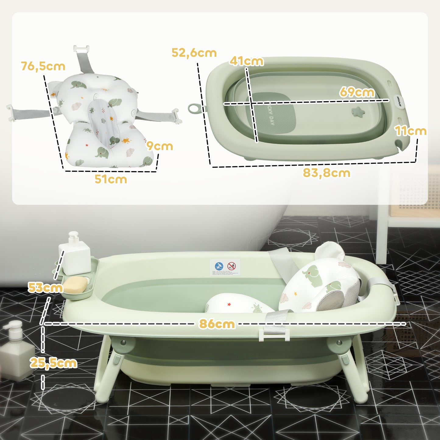 AIYAPLAY Babybadewanne, faltbar, rutschfester Boden, Elefanten-Badekissen, 86 x 53 x 25,5 cm, Grün