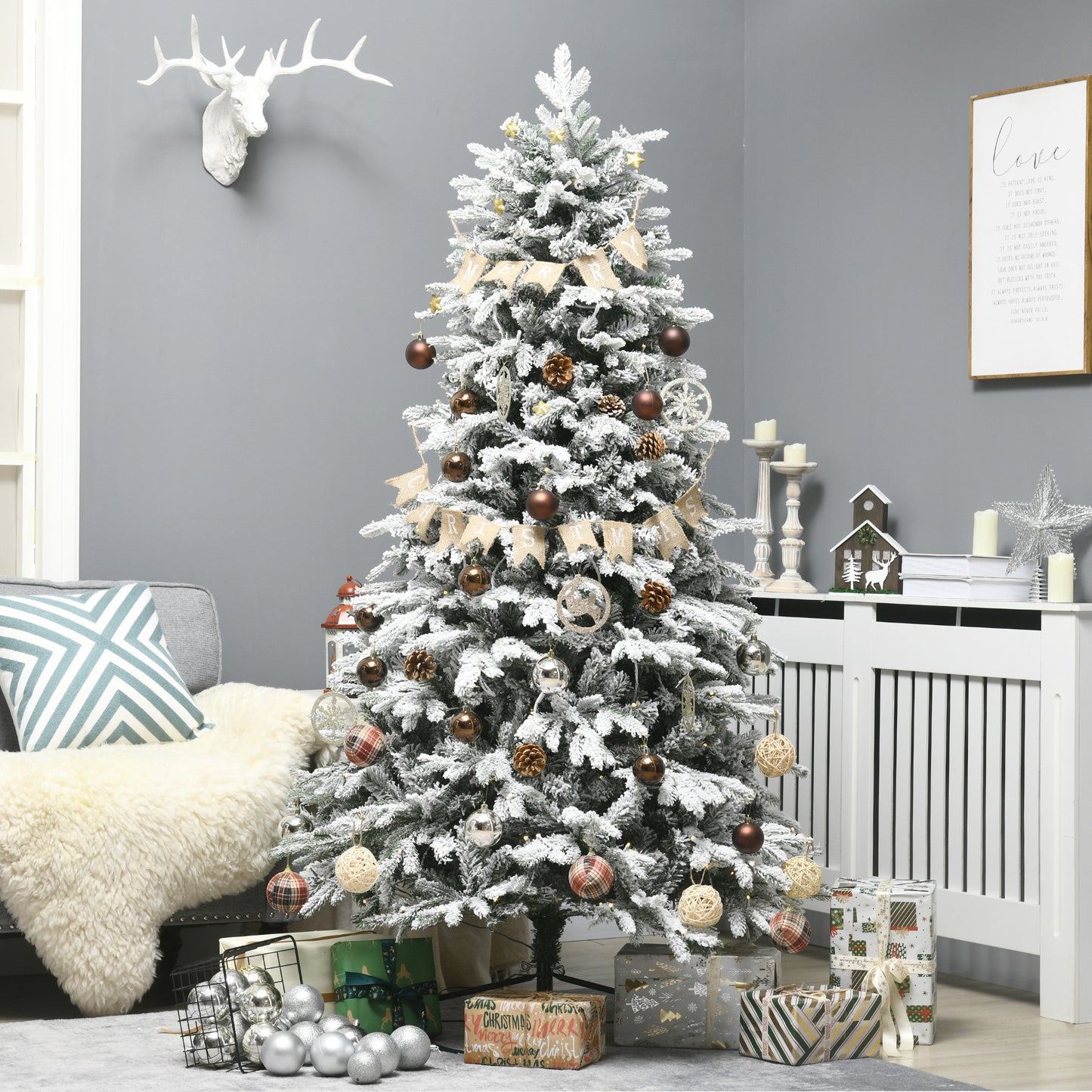 HOMCOM Künstlicher Weihnachtsbaum, Christbaum, inkl. Kunstschnee, LED-Lichter, 180 cm, Grün + Weiß