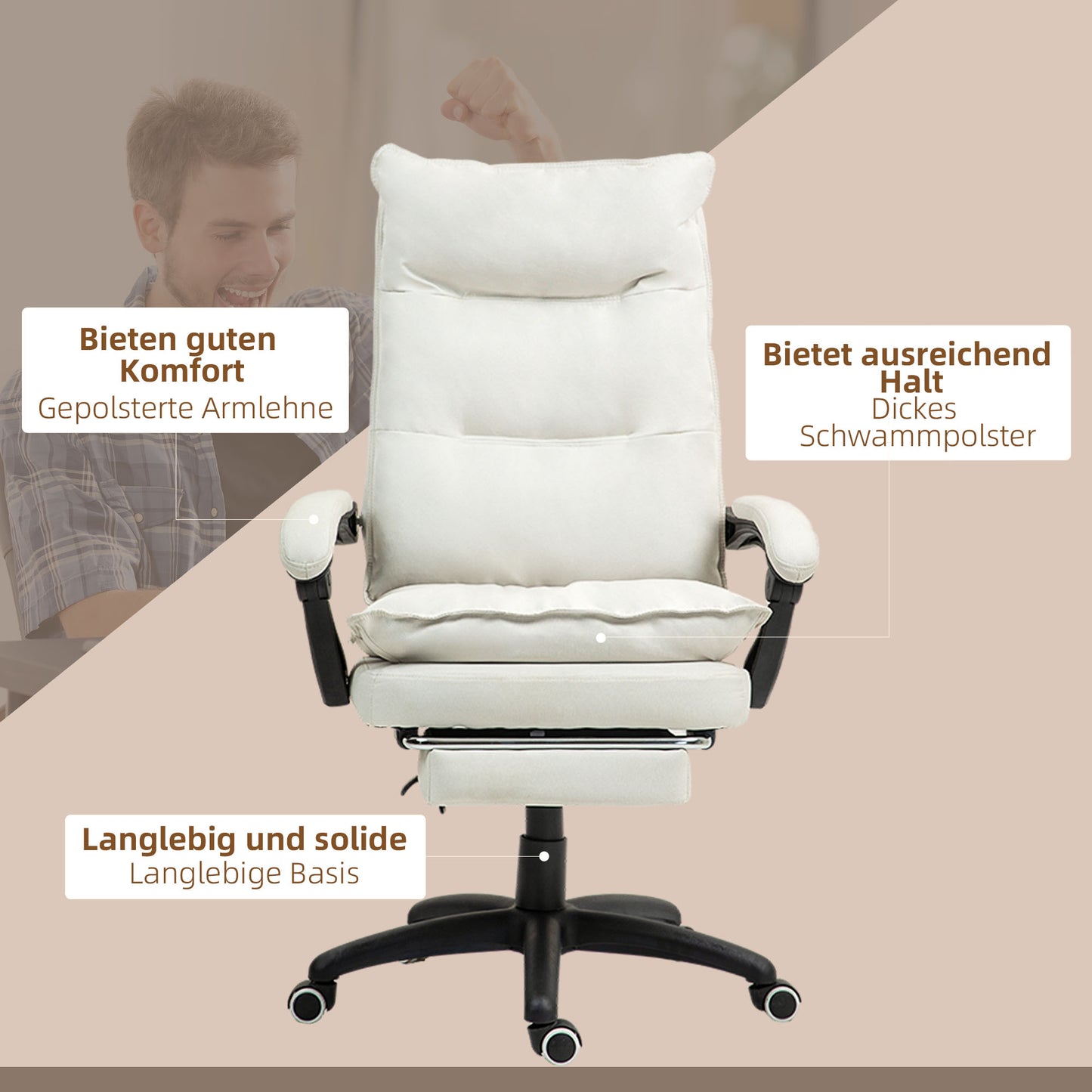 Vinsetto Massage-Bürostuhl, Schreibtischsessel mit Massagefunktion, höhenverstellbarer, ergonomischer Drehstuhl, Nylon, Cremeweiß