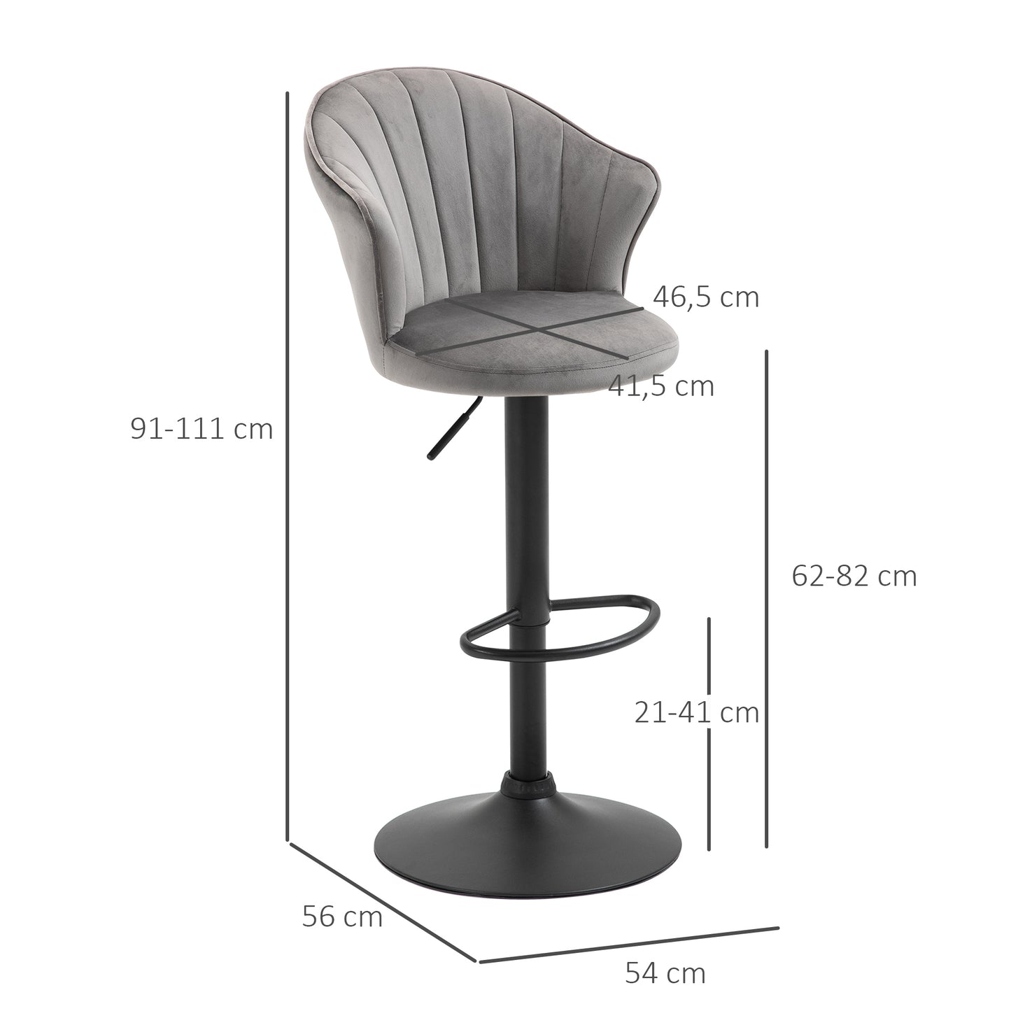 HOMCOM 2er-Set Barhocker drehbare Barstühle mit Lehne Samt Touch Bistrohocker höhenverstellbarer Tresenhocker armloser Schaumstoff Grau 54 x 56 x 91-111 cm