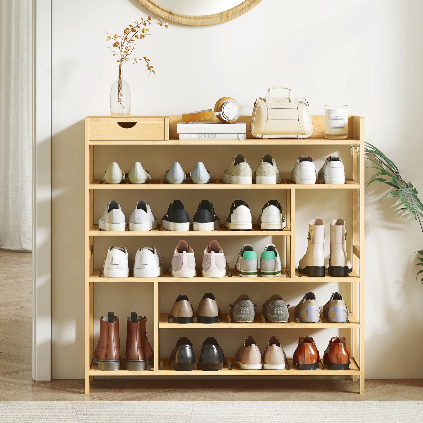 HOMCOM Schuhregal, Schuhständer mit 6 Ebenen, Schublade aus Bambus, für max. 18 بار شوهي، شوهابلاج فور إينغانغ، شلافزيمر، 101 × 30 × 100 سم، طبيعي