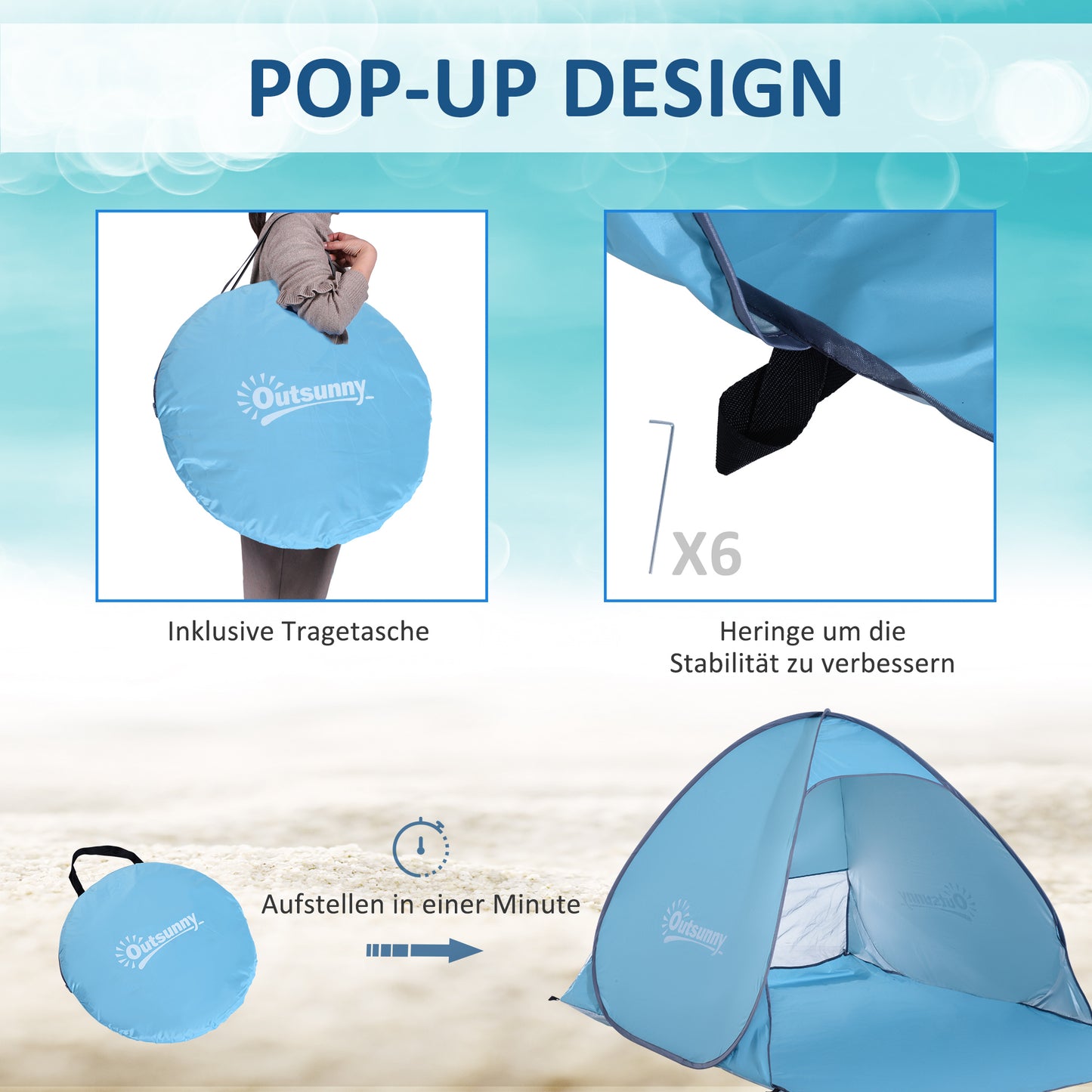 Outsunny Pop-up-Zelt, Strandzelt, Campingzelt, Polyester, 200 x 150 x 119 cm, Blau