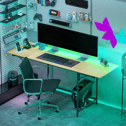 HOMCOM Klappbarer Computertisch mit 2 Ausziehplatten, viel Platz für Monitore, Metallbeine, robuste Konstruktion, Eiche+Schwarz