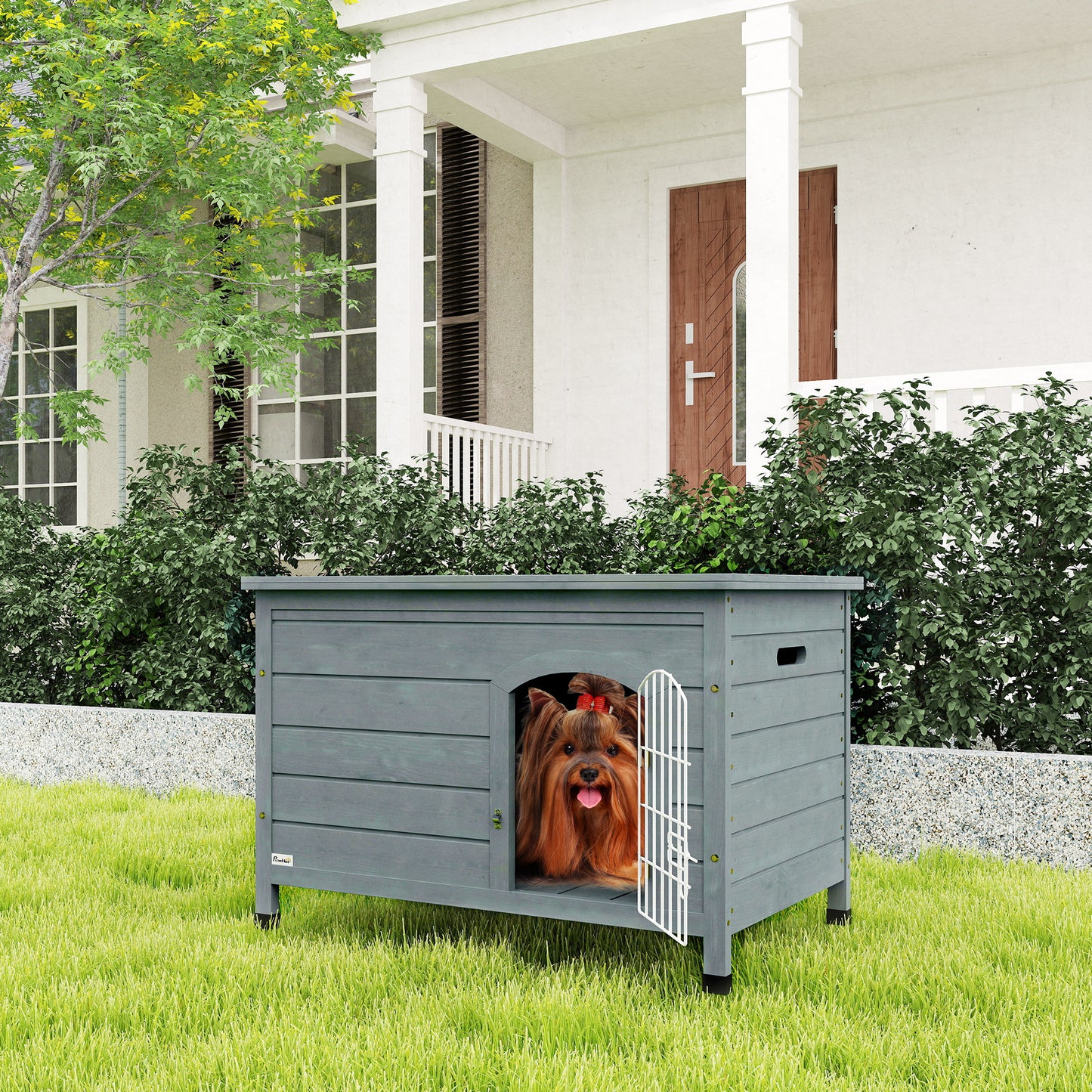 PawHut Hundehütte, Hundehaus mit Tür, Hundebox, Haustierhütte, Tannenholz, Dunkelgrau