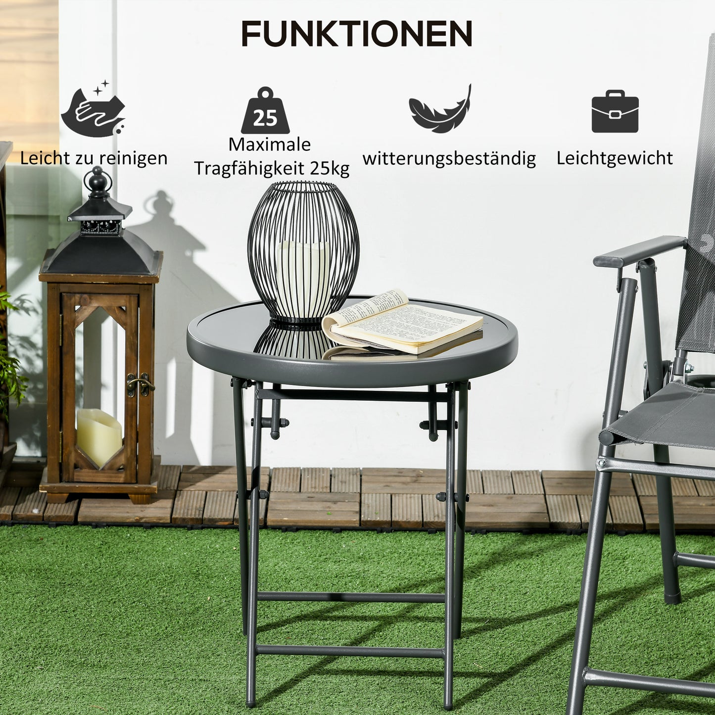 Outsunny Klappbarer Beistelltisch, Outdoor-Klapptisch, mit Tischplatte aus gehärtetem Glas, für Terrasse, 45 x 45 x 50 cm Schwarz