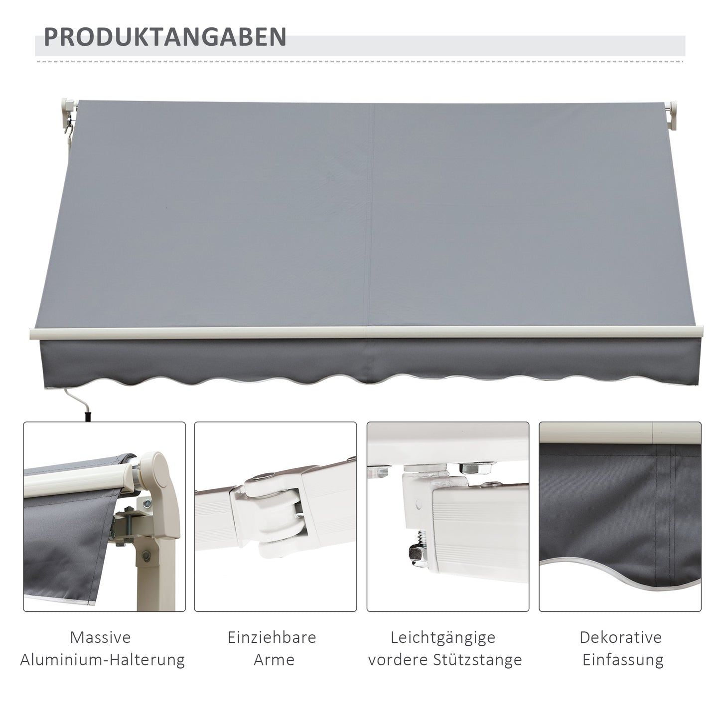 Outsunny Markise, 3,95 x 2,45 m, Sonnenschutz, einfahrbar, mit Handkurbel, Metallrahmen, Polyester, Grau/Weiß