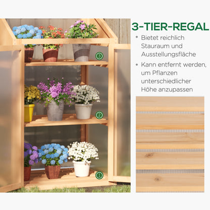 Outsunny Mini-Gewächshaus, kleines Treibhaus mit Holzrahmen, Fenster und Doppeltür, 3 Regale, 70L x 50B x 120H cm, Braun