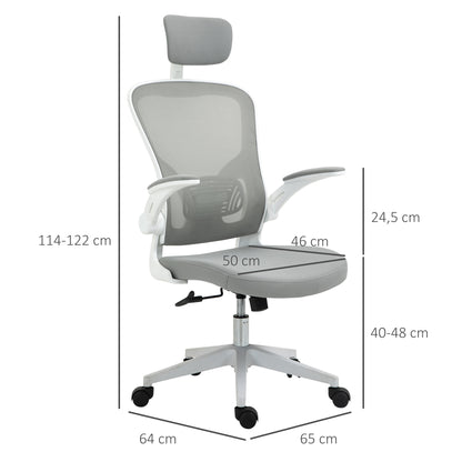 Vinsetto Bürostuhl ergonomischer Shreibtischstuhl mit Wippfunktion hoher Rückenlehne Lendenwirbelstütze Kopfstütze hochklappbarem Arm Home-Office Grau 65 x 64 x 114-122 cm