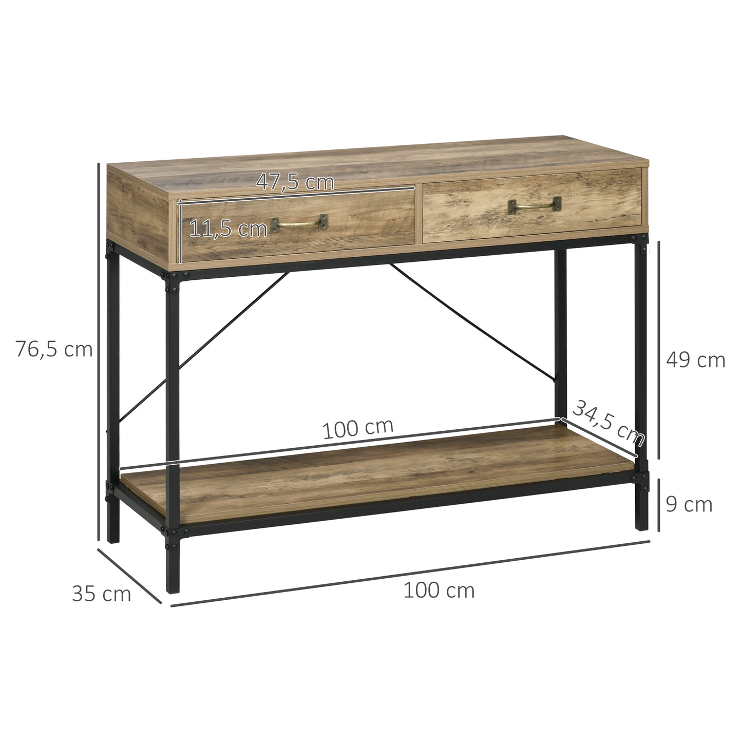 HOMCOM Konsolentisch Flurtisch mit Ablage und 2 Schubladen, 100 x 35 x 76,5 cm Beistelltisch Sofatisch Ausstellungstisch für Kleinen Raum, Eingang, Flur, Wohnzimmer Braun+Schwarz