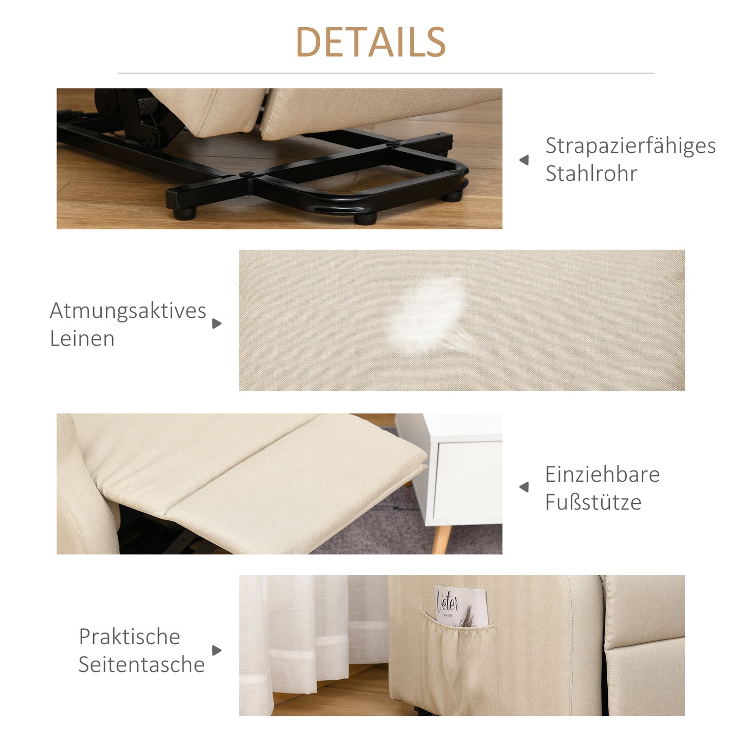 HOMCOM Relaxsessel mit Liegefunktion elektrisch, Seniorensessel mit Aufstehhilfe, , bis 200kg, 72,5x94x109cm, Creme