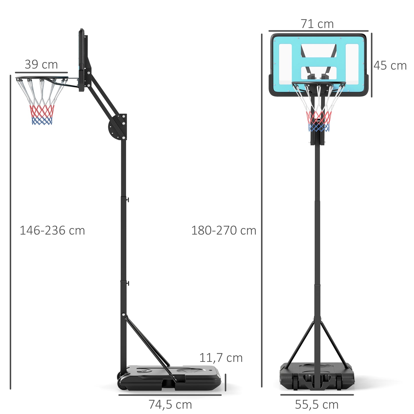 SPORTNOW Basketballkorb, 146-236 cm höhenverstellbar, Basketballständer, rollbar, Stahl, Kunststoff, Schwarz