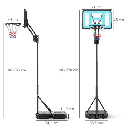 SPORTNOW Basketballkorb, 146-236 cm höhenverstellbar, Basketballständer, rollbar, Stahl, Kunststoff, Schwarz