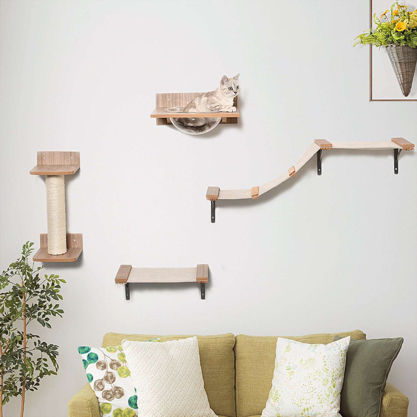 PawHut 4tlg. Kletterwand für Katzen Katzenkletterwand mit Kratzbaum Katzentreppe Katzenmöbel Hängematte Hellbraun Sisal Acryl Kiefer