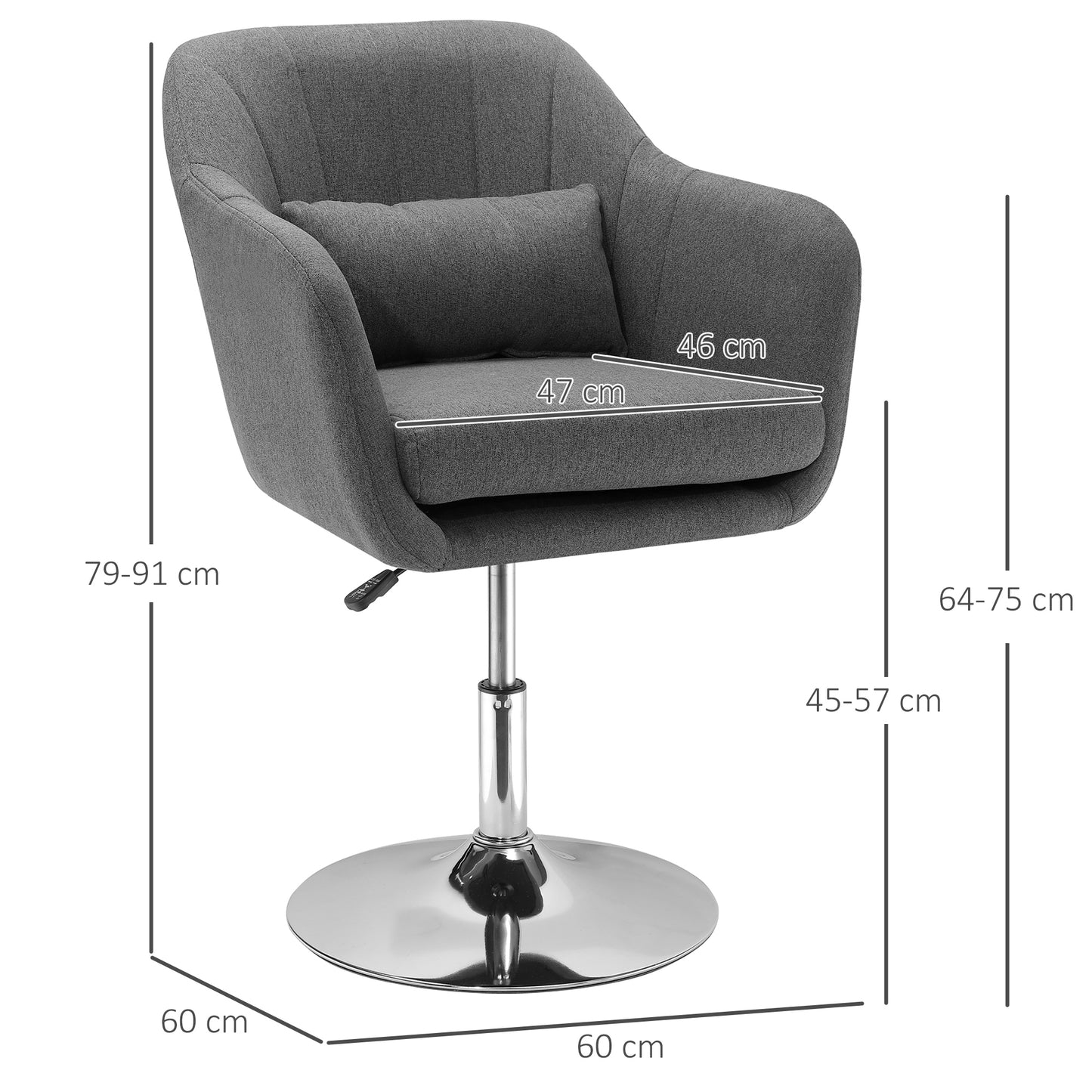 HOMCOM Drehstuhl, höhenverstellbarer Bürostuhl, leinenartiges Polyester, Metall, 60 x 60 x 79-91 cm, Dunkelgrau