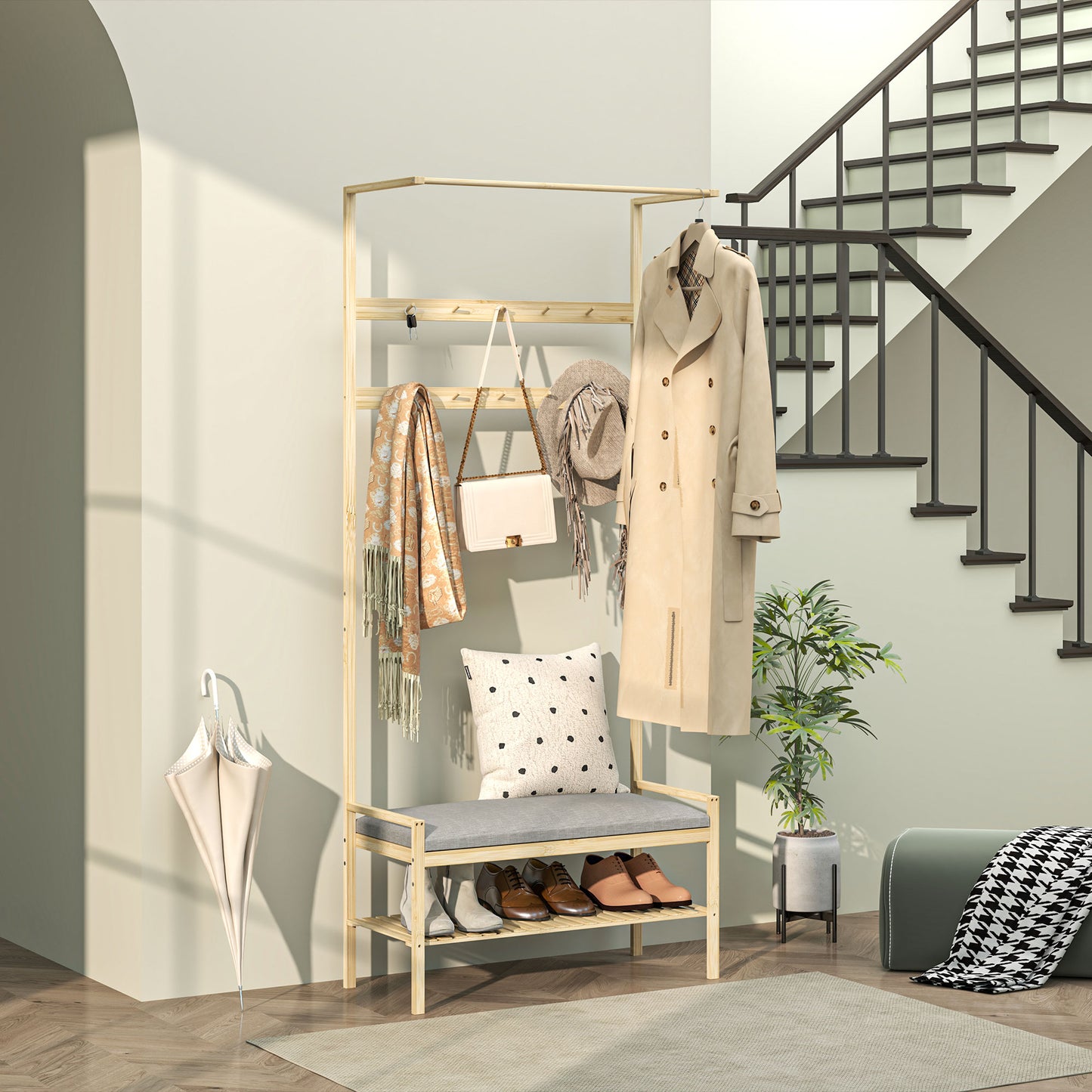 HOMCOM Garderobe mit Schuhbank, Kleiderstange, 10 Kleiderhaken, شوهابلاج, بامبوس