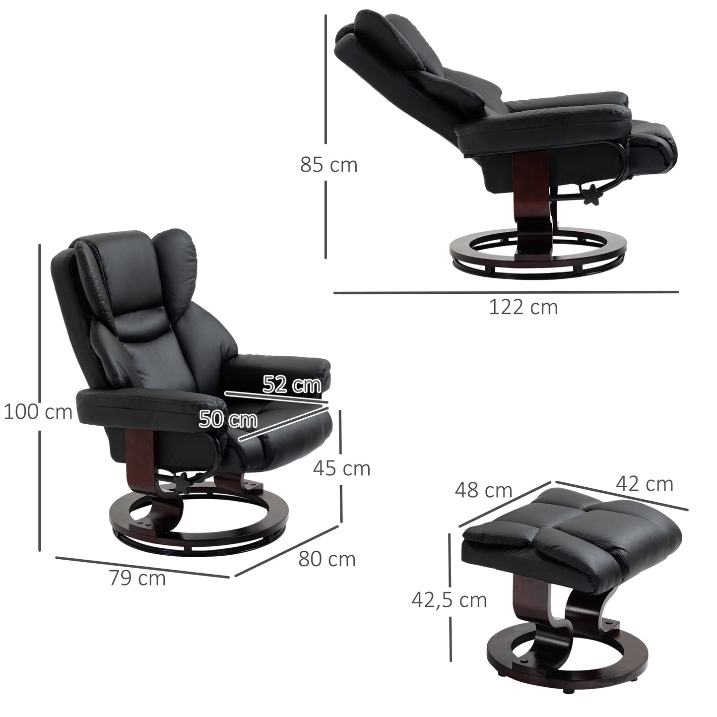 HOMCOM Relaxsessel mit Hocker, Liegefunktion, drehbar, bis 160 kg, Kunstleder, Metallrahmen, schwarz, 80 x 79 x 100 cm