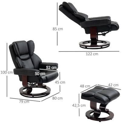 HOMCOM Relaxsessel mit Hocker, Liegefunktion, drehbar, bis 160 kg, Kunstleder, Metallrahmen, schwarz, 80 x 79 x 100 cm