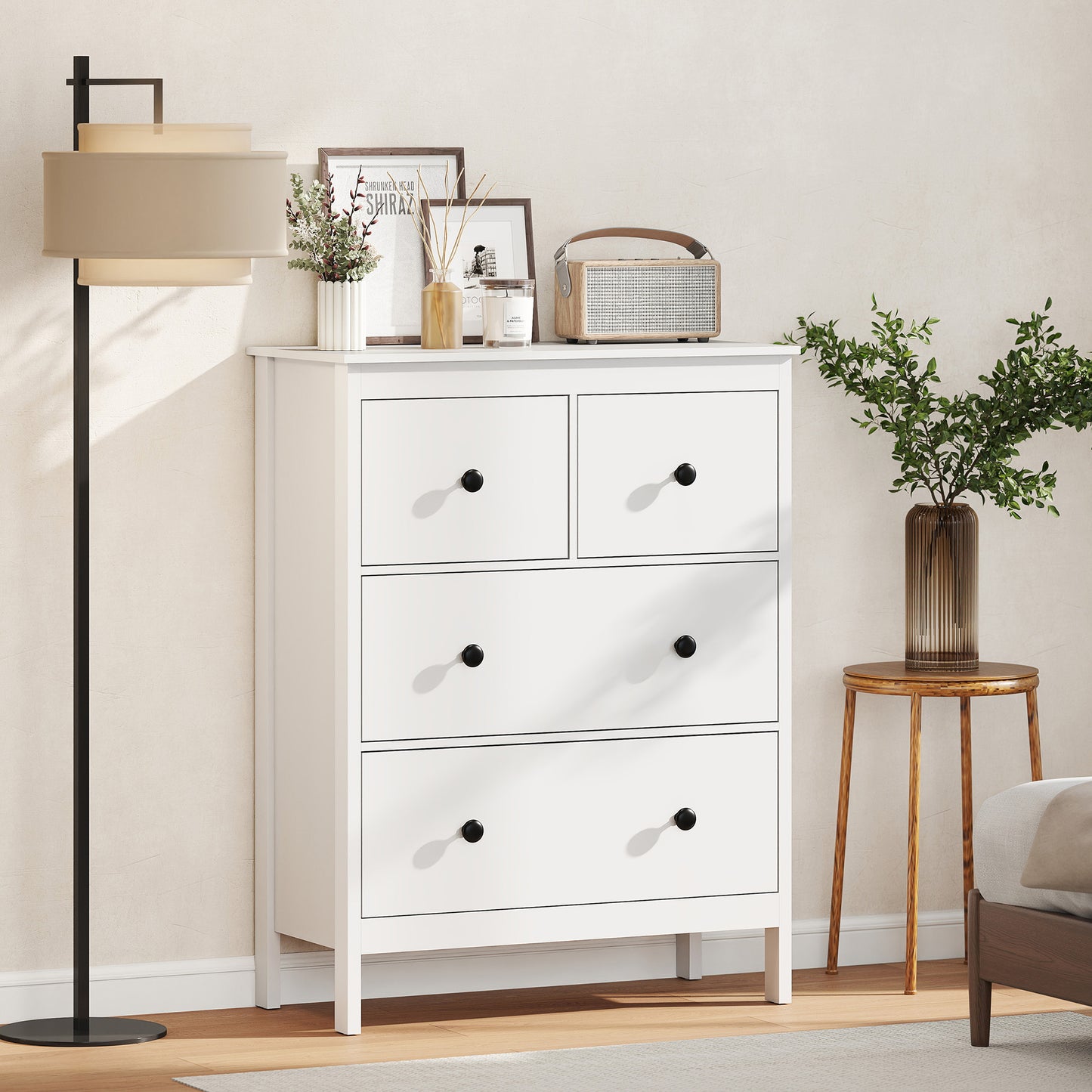 HOMCOM Kommode mit 4 Schubladen, für Kleidung & Bettwäsche, Wohnzimmer, Schlafzimmer, Flur, Spanplatte, Weiß