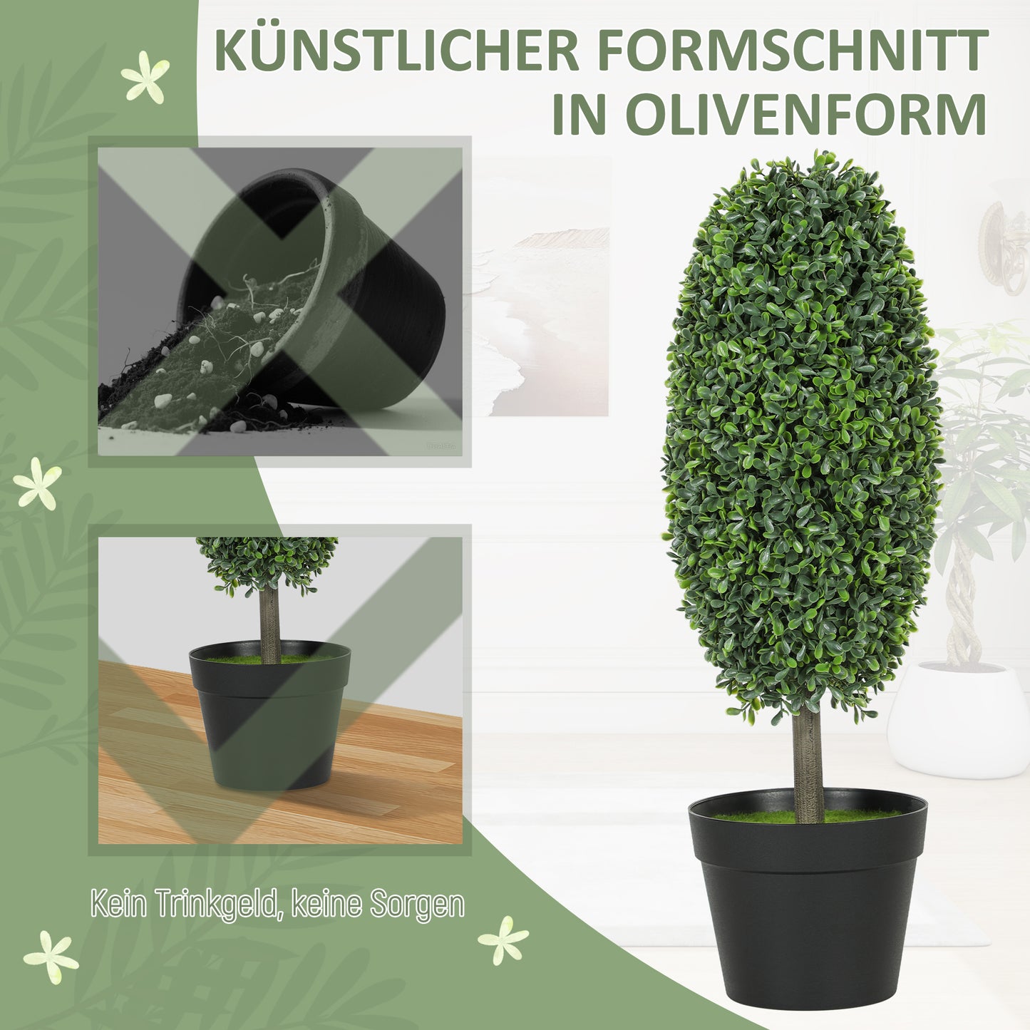HOMCOM 2er-Set künstliche Pflanzen, UV-beständige Kunstbäume im Topf, Kunststoff, Zement, Grün