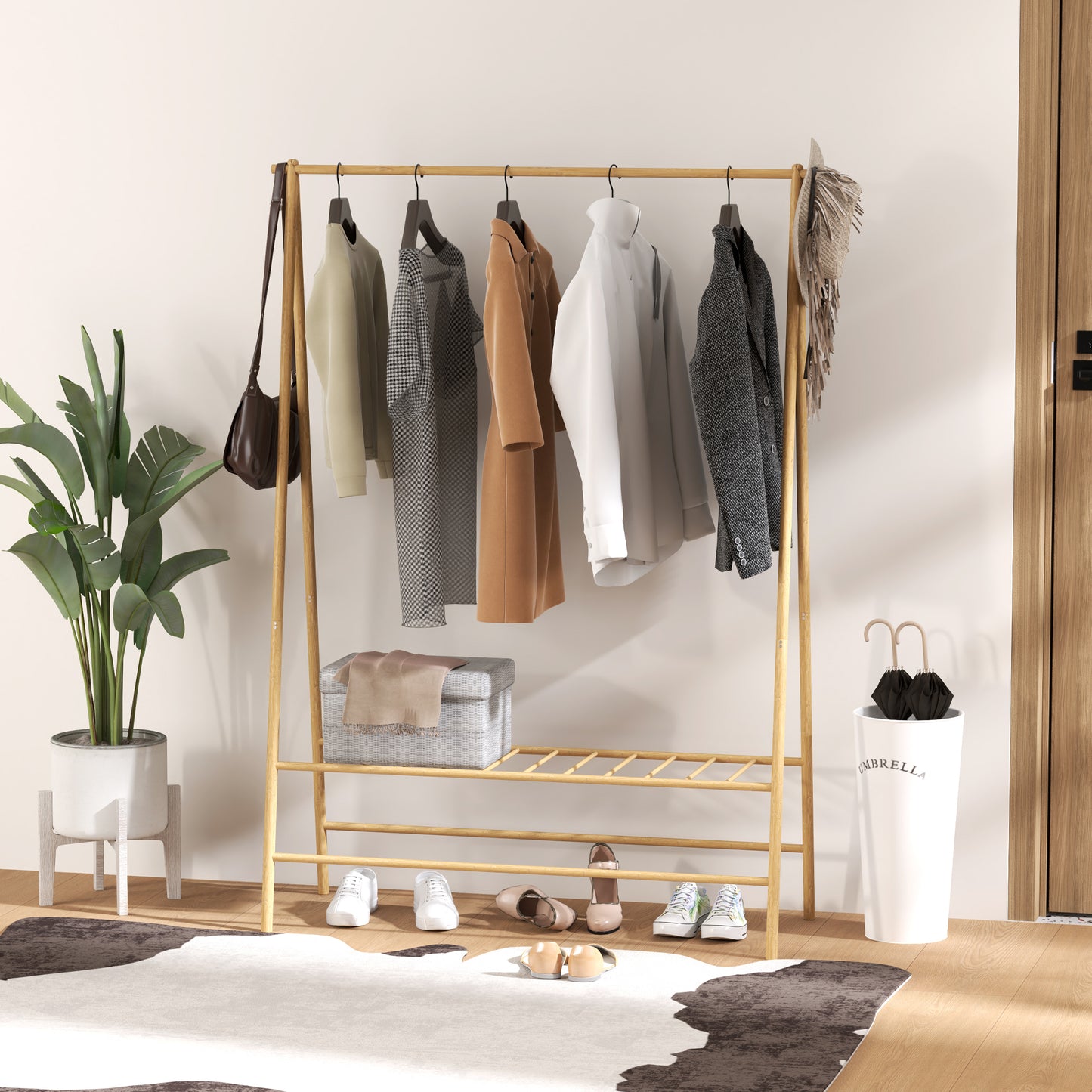HOMCOM Bambus-Kleiderständer mit Schuhregal und Haken, freistehend, für Eingangsbereich, Schlafzimmer, Naturholz