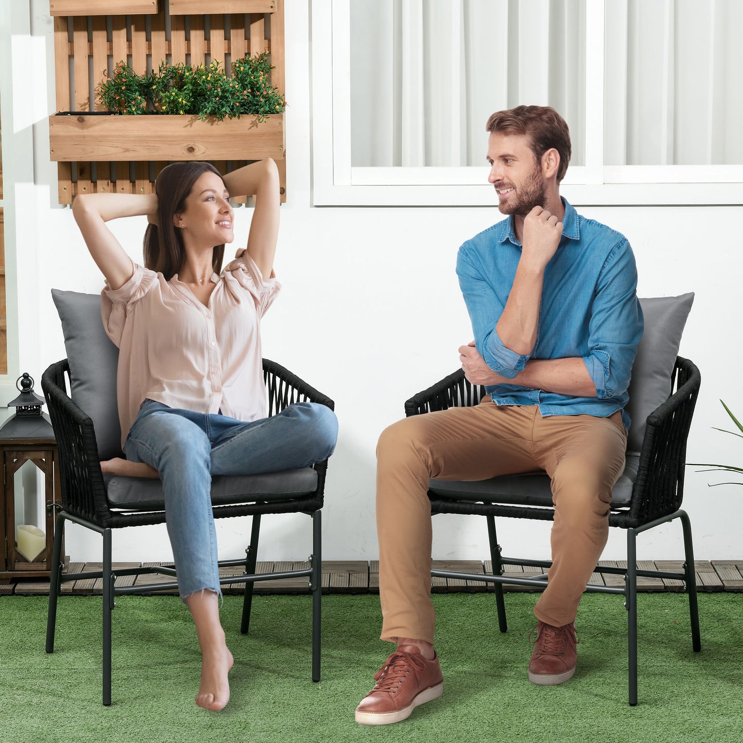 Outsunny Outdoor Stühle, 2-er Set, Boho-Design, Sitz- und Rückenkissen, bequeme Sitzschale, Metallrahmen, Schwarz