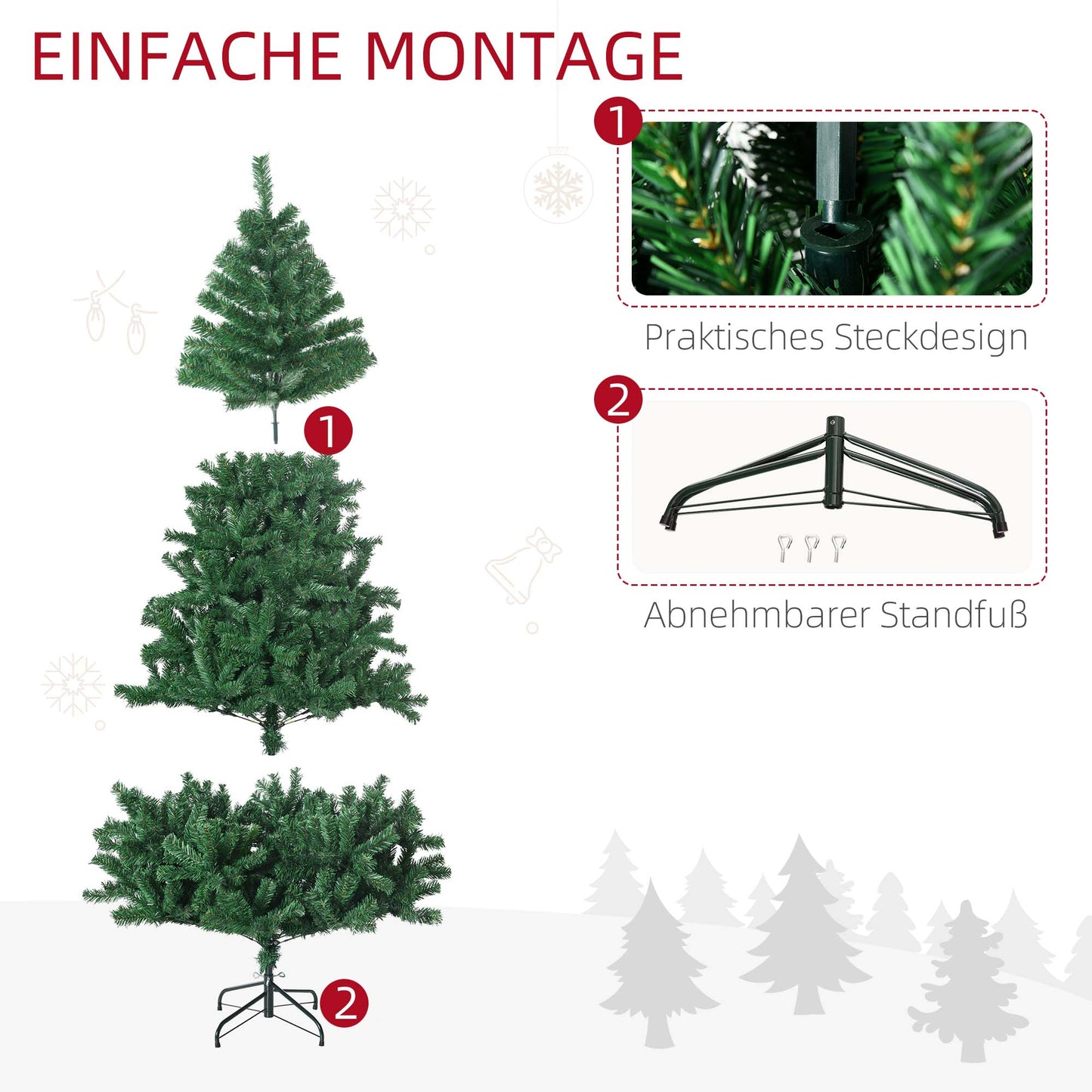 HOMCOM Künstlicher Weihnachtsbaum 180 cm künstlich Tannenbaum mit 1000 Spitzen Christbaum Weihnachtsdeko inkl. Metallständer für drinnen
