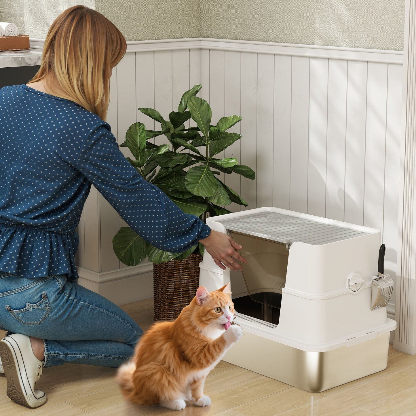 PawHut Katzentoilette, Edelstahl, XL-Innenraum, mit Schaufel, Hellgrau
