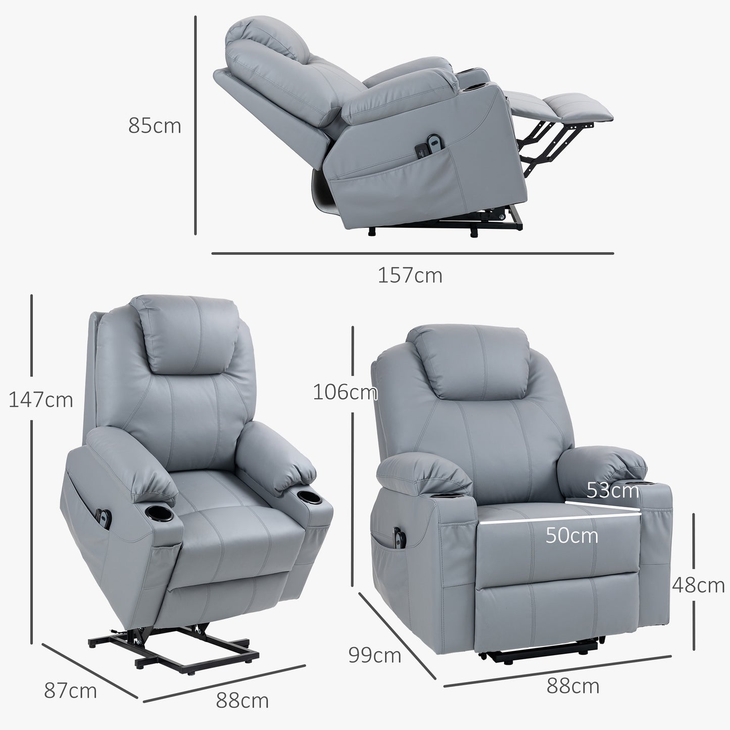 HOMCOM Massagesessel Aufstehhilfe Seniorensessel, 8 Massagemodi, neigbare Rückenlehne, 88c m x 99 cm x 106 cm,Grau