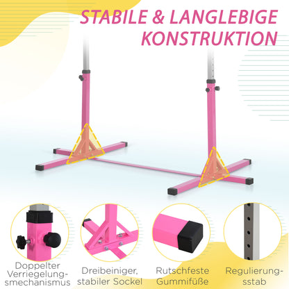 HOMCOM Gymnastik-Turnreck, 13-stufig höhenverstellbar Reckstange, Reck Turnstange aus Holz & stabile Stahlkonstruktion bis 75 kg belastbar, für 3+ Kinder, Indoor, Outdoor, Rosa