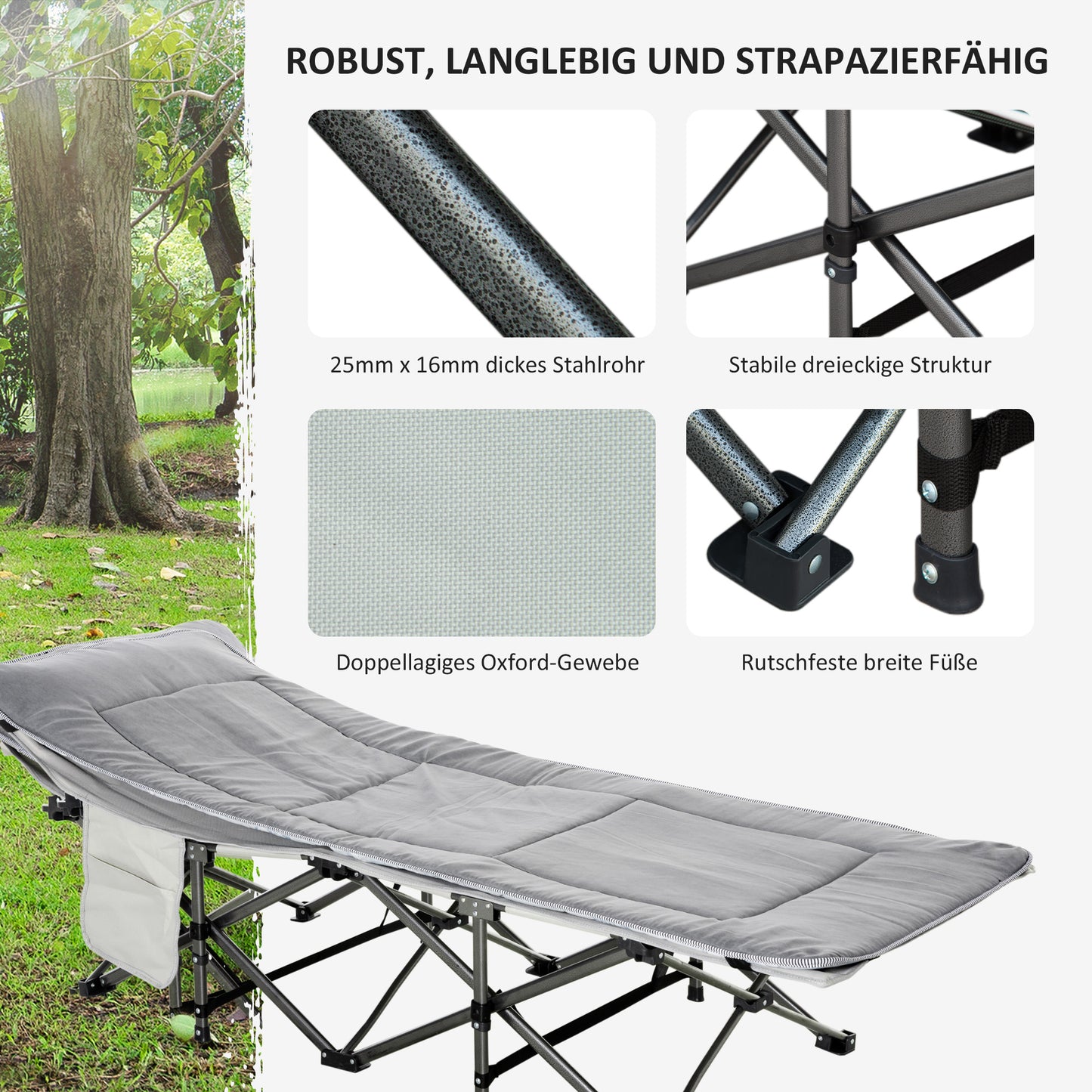 Outsunny Feldbett faltbar Campingbett mit Matratze Tragetasche 188 x 64,5 x 53 cm Gästebett bis 150 kg belastbar Campingliege für Erwachsene Klappbett für Outdoor, Garten Camping Reisen Hellgrau