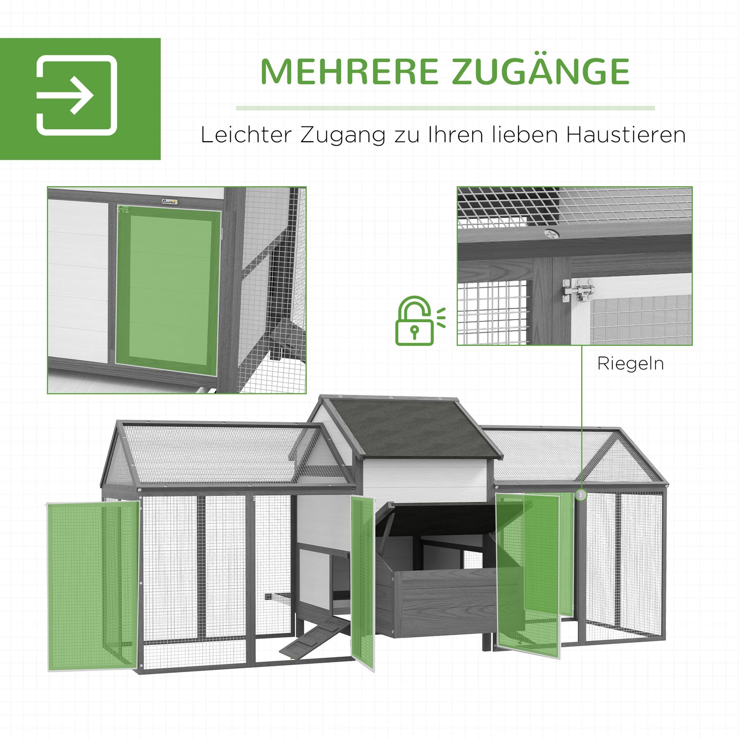 PawHut Hühnerstall Kleintierstall 2 Außengehege, 1 Nistkasten, 2 Rampen,Asphaltdach, wetterbeständig, Grau