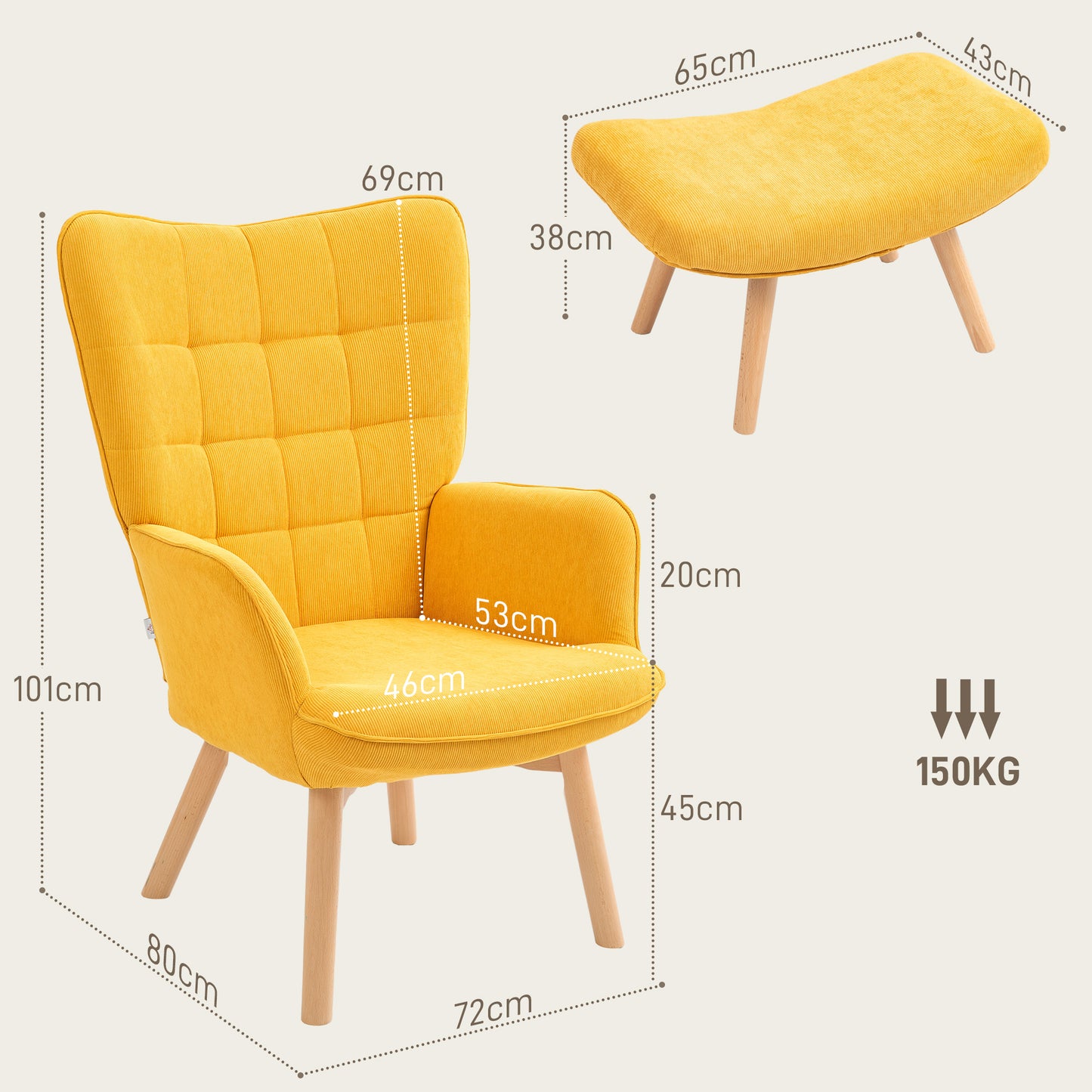 HOMCOM Akzentsessel mit Hocker, Relaxsessel in Cord-Optik, Armlehnstuhl mit Holzbeinen, für Wohnzimmer, Orange