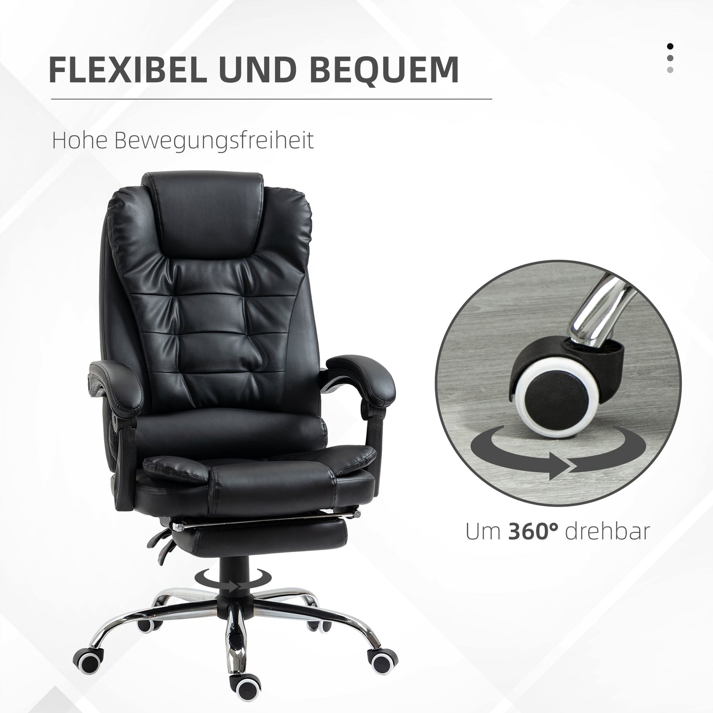 HOMCOM Bürostuhl mit Fußstütze, Schreibtischstuhl, verstellbare Rückenlehne, höhenverstellbar, Schwarz