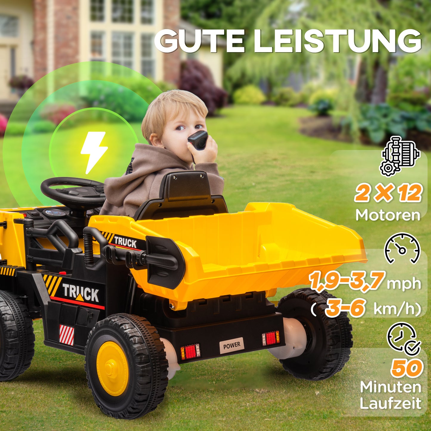 AIYAPLAY Elektro-Kipplaster, 3-6 km/h, Rutschauto, kippbare Ladefläche, Licht & Musik, für 3-5 Jahre